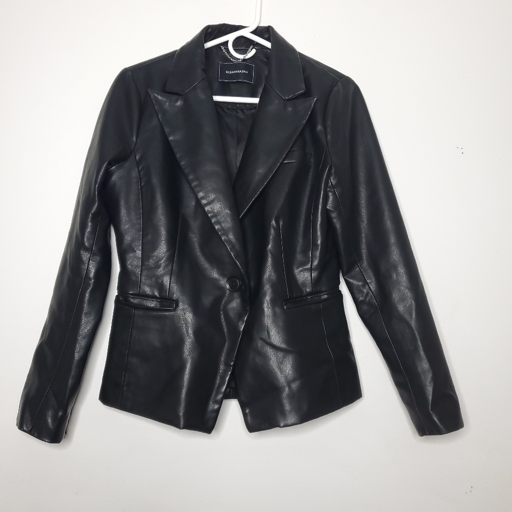 BCBG Maxazria Faux Leather Blazee Jacket Small Black Lined Mob Wife Goth Chic